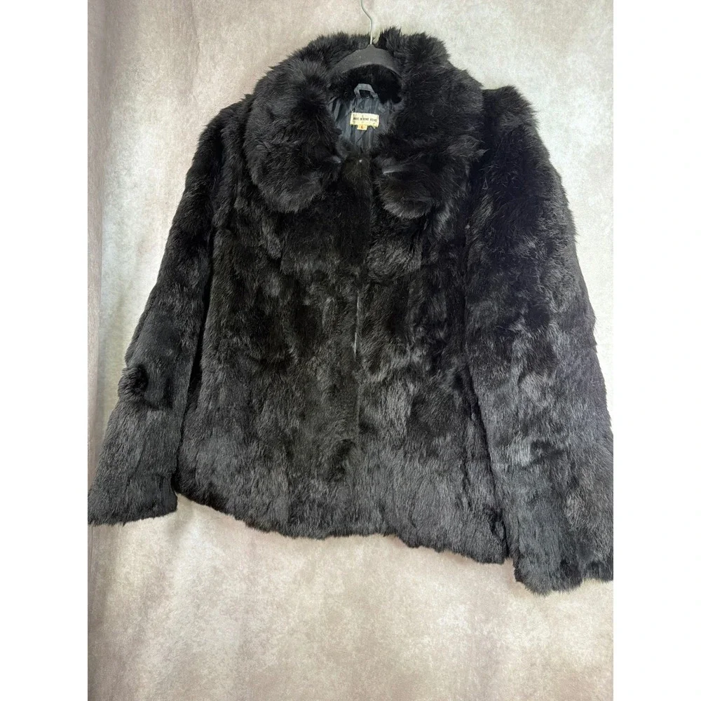 Vintage Genuine Rabbit Fur Jacket Women Large Black Quilted Lining Mob Wife